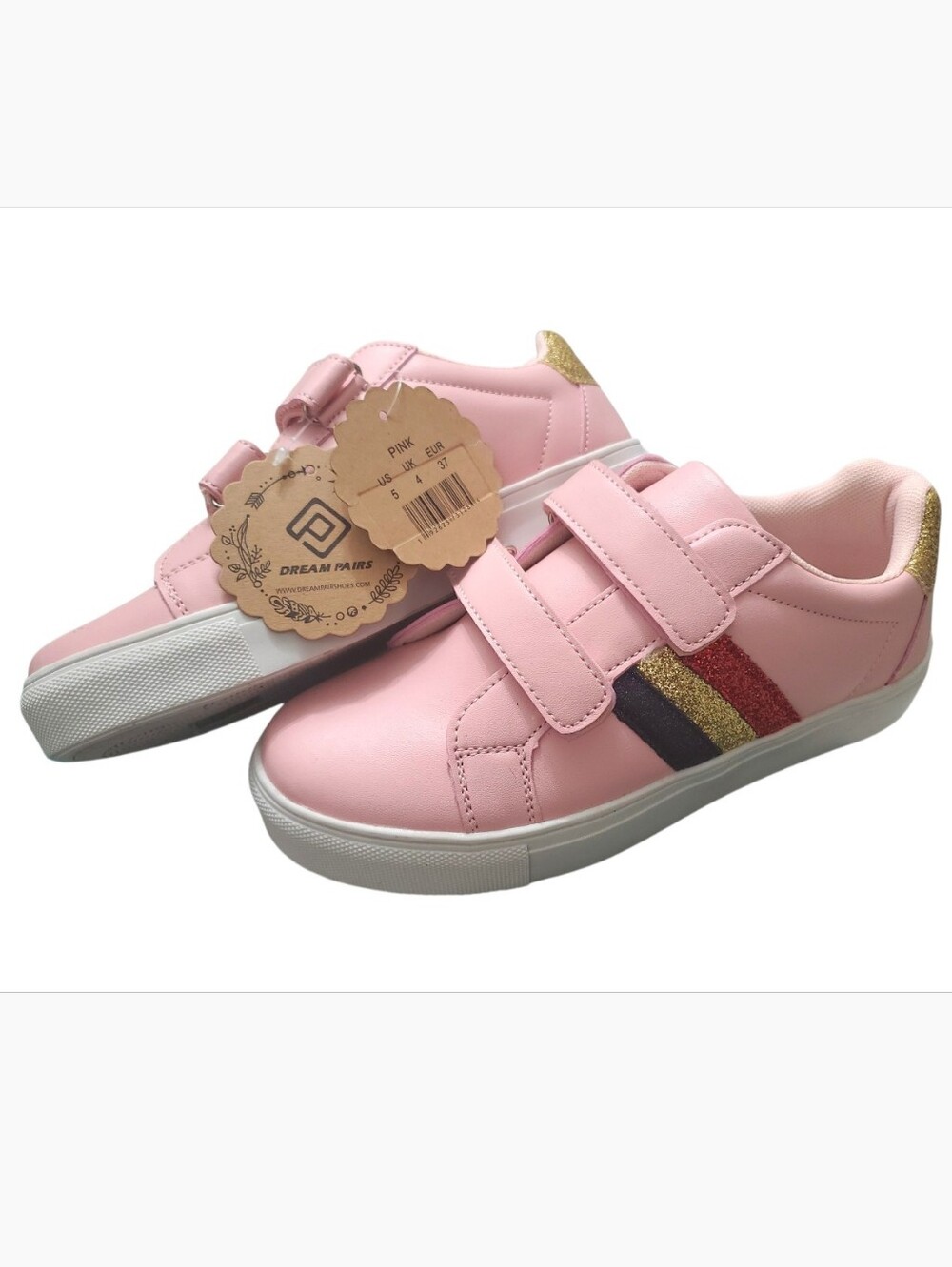 Dream Pairs Pink Kids SIZE 5 Velcro Sneakers with Gold Red Navy Glitter Stripes